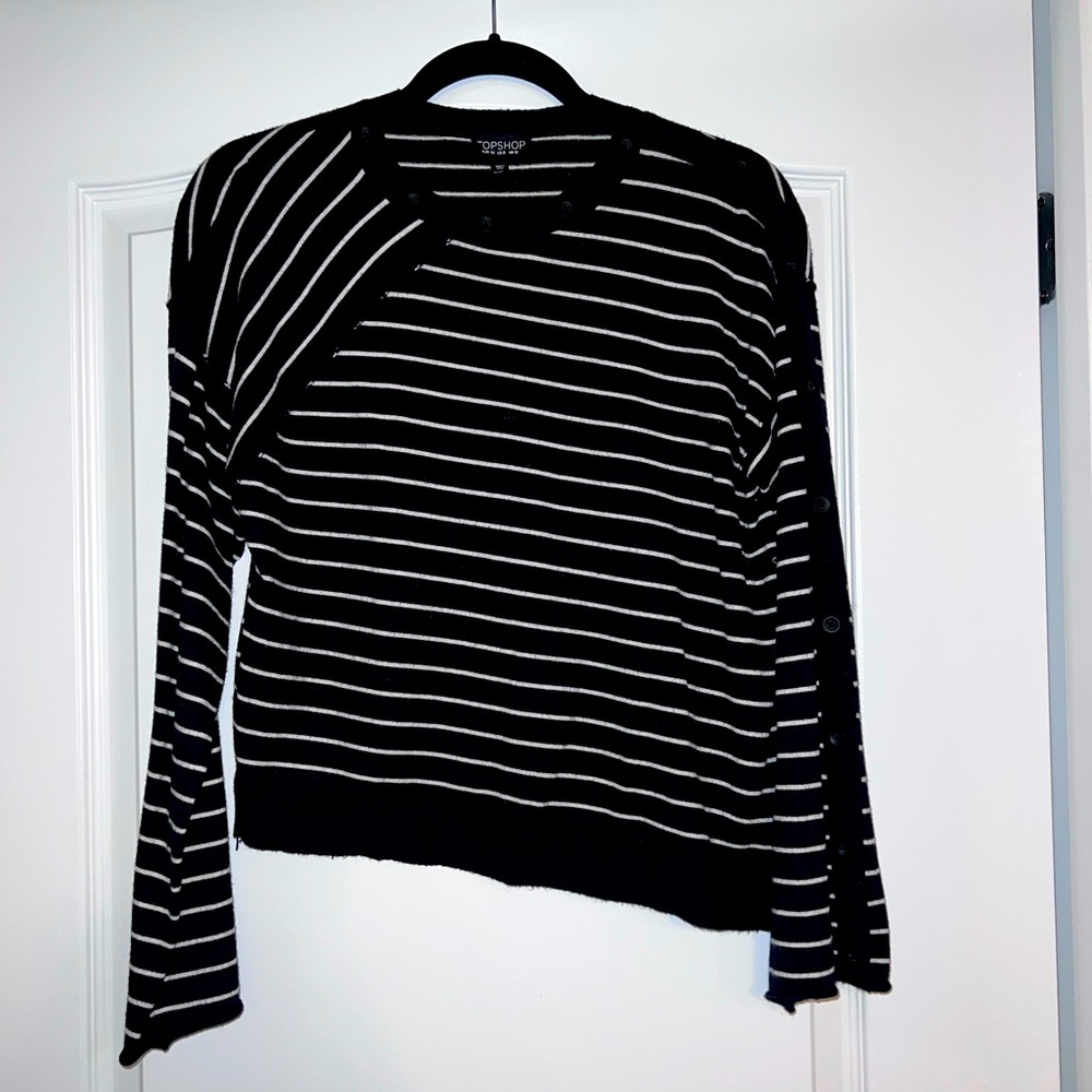 Navy Blue and White Striped Sweater with Asymmetrical Hem and Button Details!